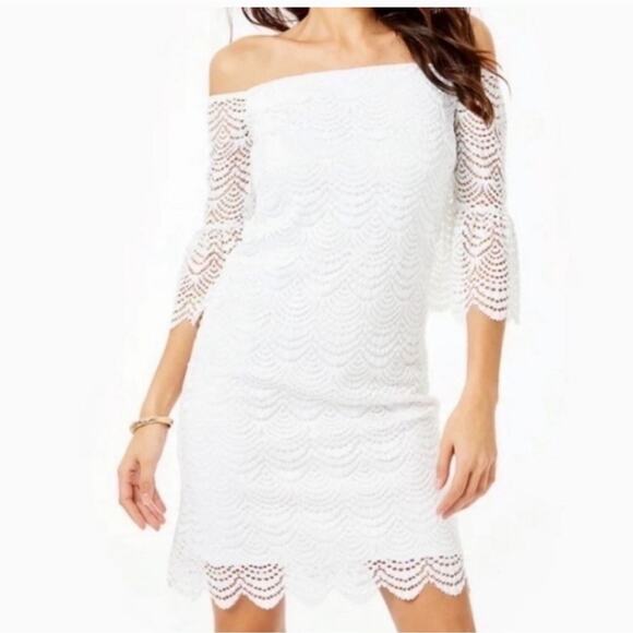 Lilly Pulitzer NEW Resort White Lexa Scalloped Shell Lace Off Shoulder Dress L - Picture 1 of 12